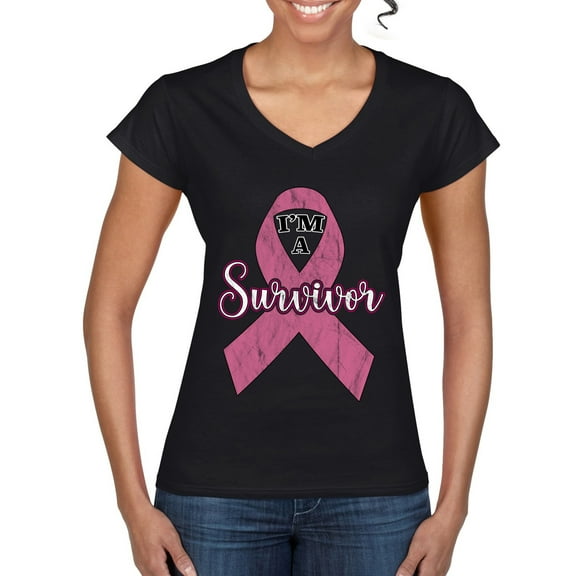 Wild Bobby Pink I'm A Breast Cancer Survivor Breast Cancer Awareness Women Standard V-Neck Tee, Black, Small