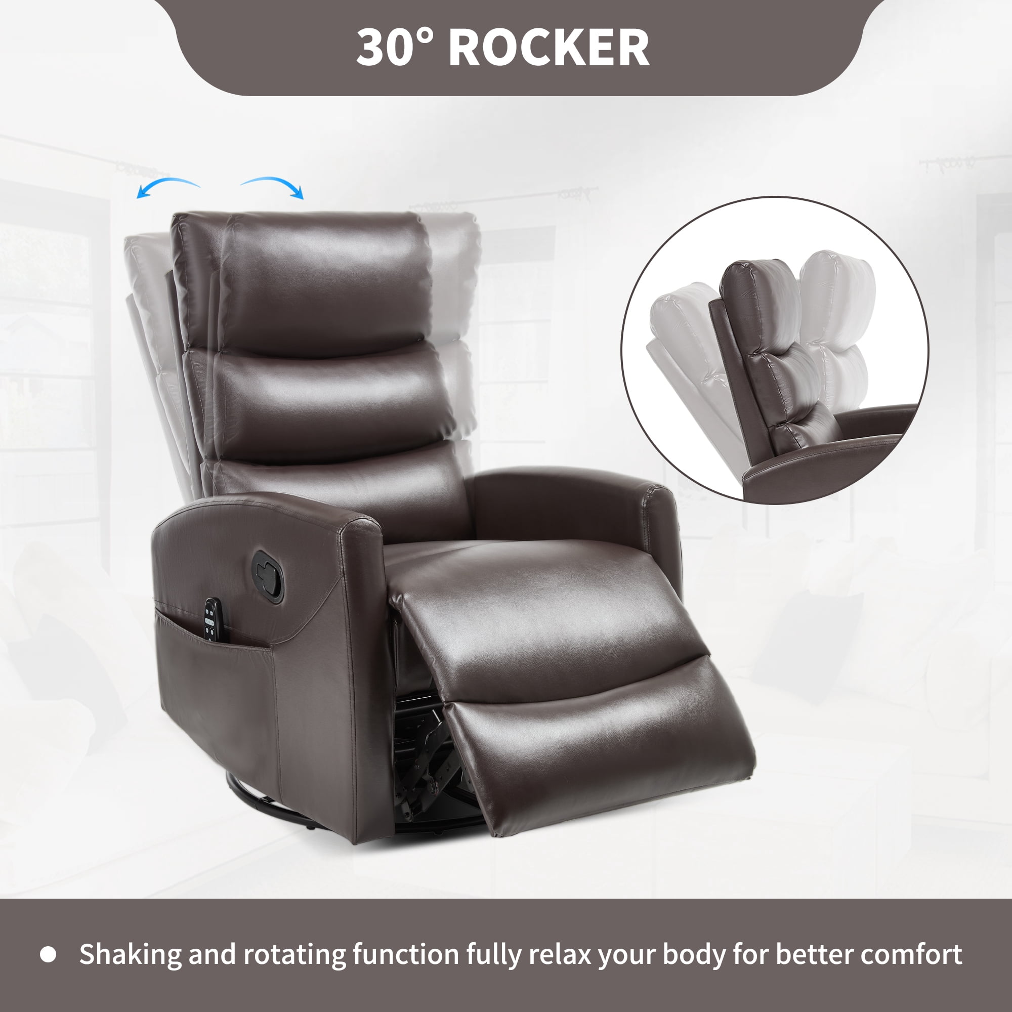 Leumius Swivel Recliner Chair,360° Glider Rocking Chair with Massage and Heating,PU Leather Small Manual Recliner for Nursery Home Theater,Brown PU