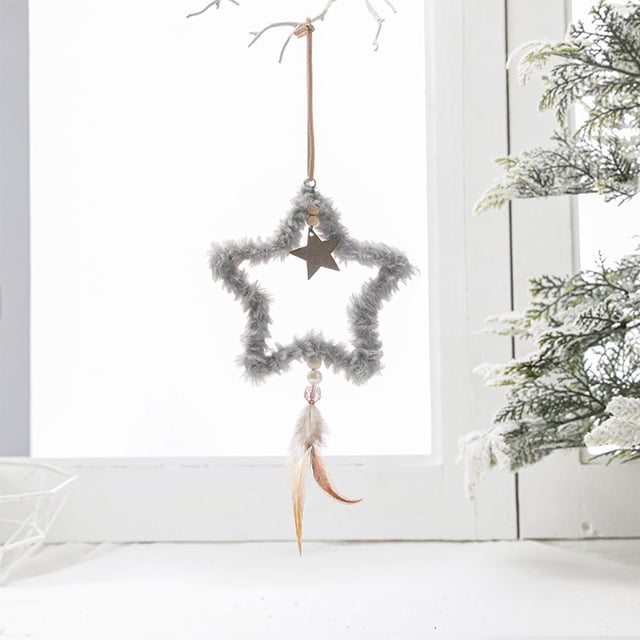Xihbxyly Colgante para Árbol de Navidad, Diseño de Estrella de Peluche, con Cuentas y Plumas, Material Suave y Acogedor, Decoración Navideña Versátil, Fácil de Colgar, Ideal para Habitación y Árbol,