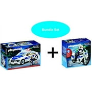 Playmobil: Police Car with Flashing Lights (5184) & Police Motorcycle (5185) Bundle Set