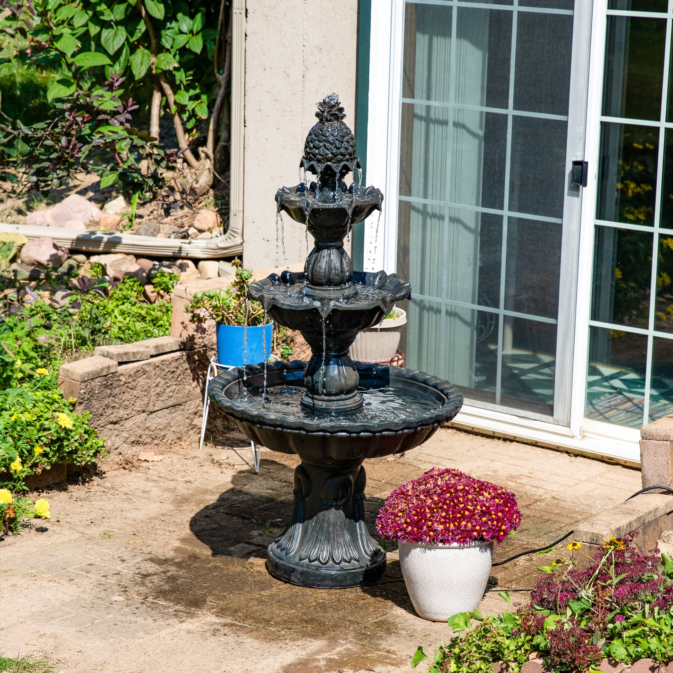 Sunnydaze Welcome Traditional Deep Espresso Fiberglass 3-Tier Outdoor Water Fountain