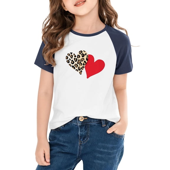 Girls' Navy Raglan Sleeve Durable Heart Graphic T-Shirt - Soft Stretch Polyester Spandex Everyday Casual Tee for Kids 4-14 Years,Size 11 T