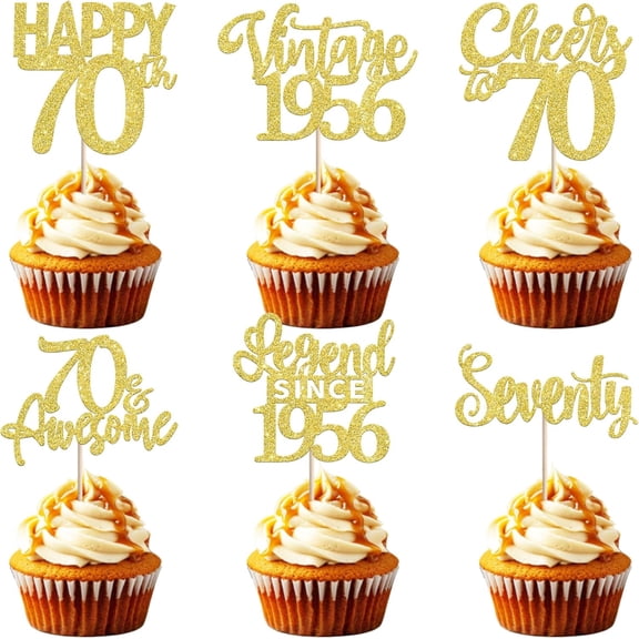 70th Birthday Cupcake Toppers - Gold Glitter Picks for 70th Birthday Party Decorations, Pack of 12
