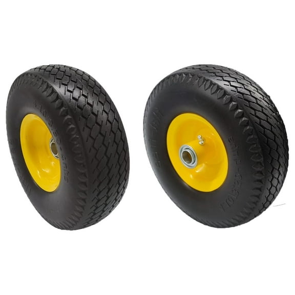 4.10/3.50-4"" Flat Free Tire and Wheel, 10"" Solid Tire with 3/4"" Axle Bore Hole, 2.2"" Offset Hub for Hand Truck Garden Wagon Cart Trolley Dolly Lawn Mover Replacement Tire, Black