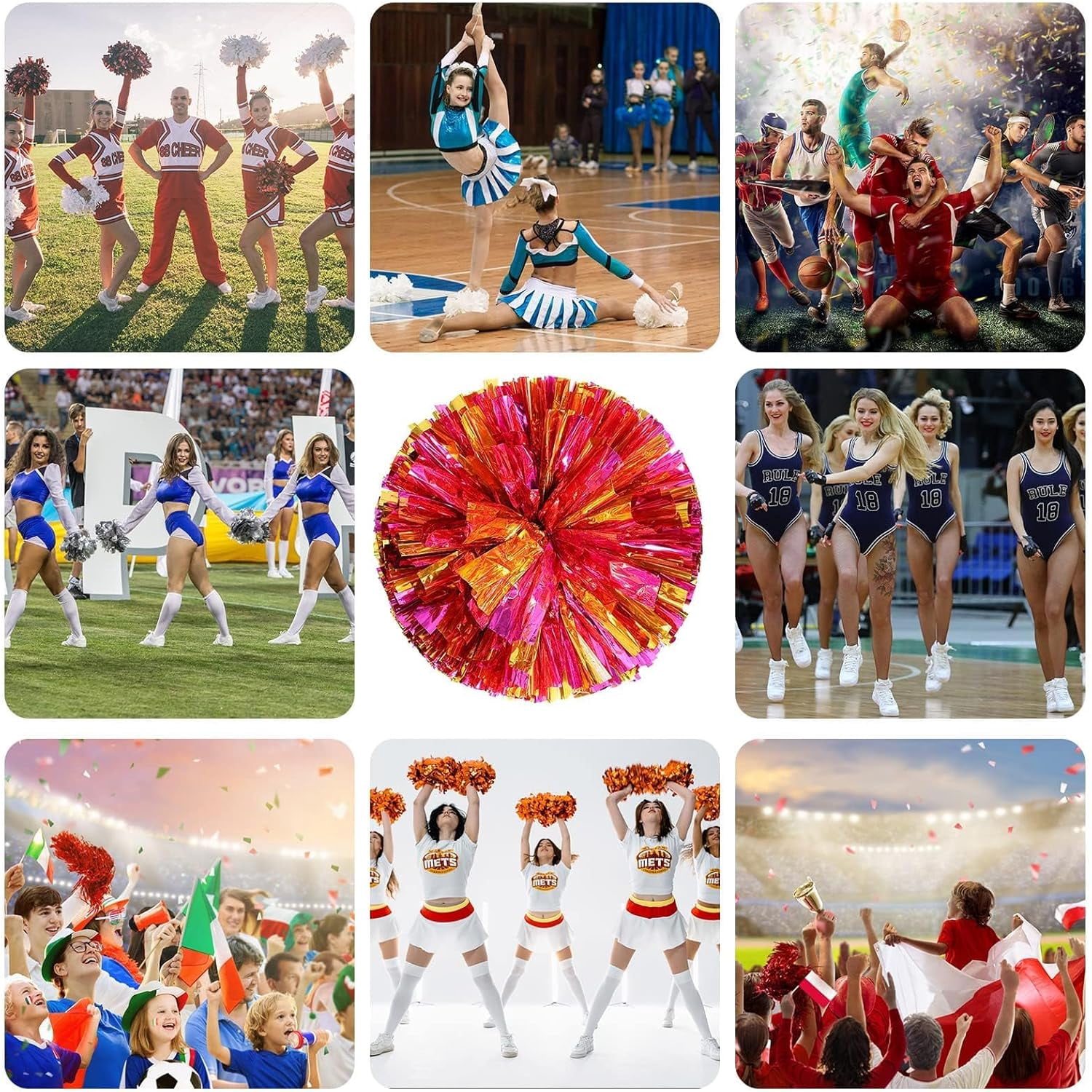 Zhangyh Pom Poms Cheerleading,Fluffy Cheerleader Pompoms with Finger Friendly Ring,Metallic Pom Poms Cheerleading for Celebration (Blue, 4 Pack)