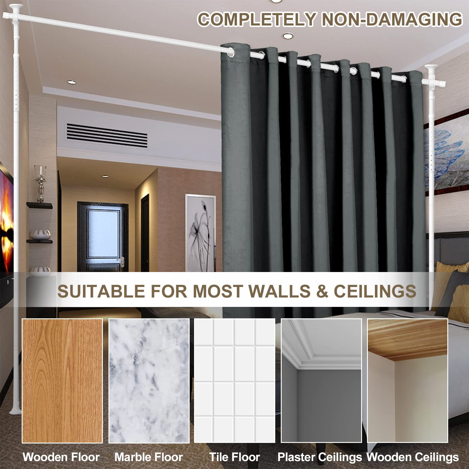AEASKIEY Room Dividers Curtain Rod No Drill, 4-10ft(H) 28-70inch(W), Adjustable Heavy Duty Floor to Ceiling Tension Rod for Room Separation Temporary Privacy Separator Window Rods, White