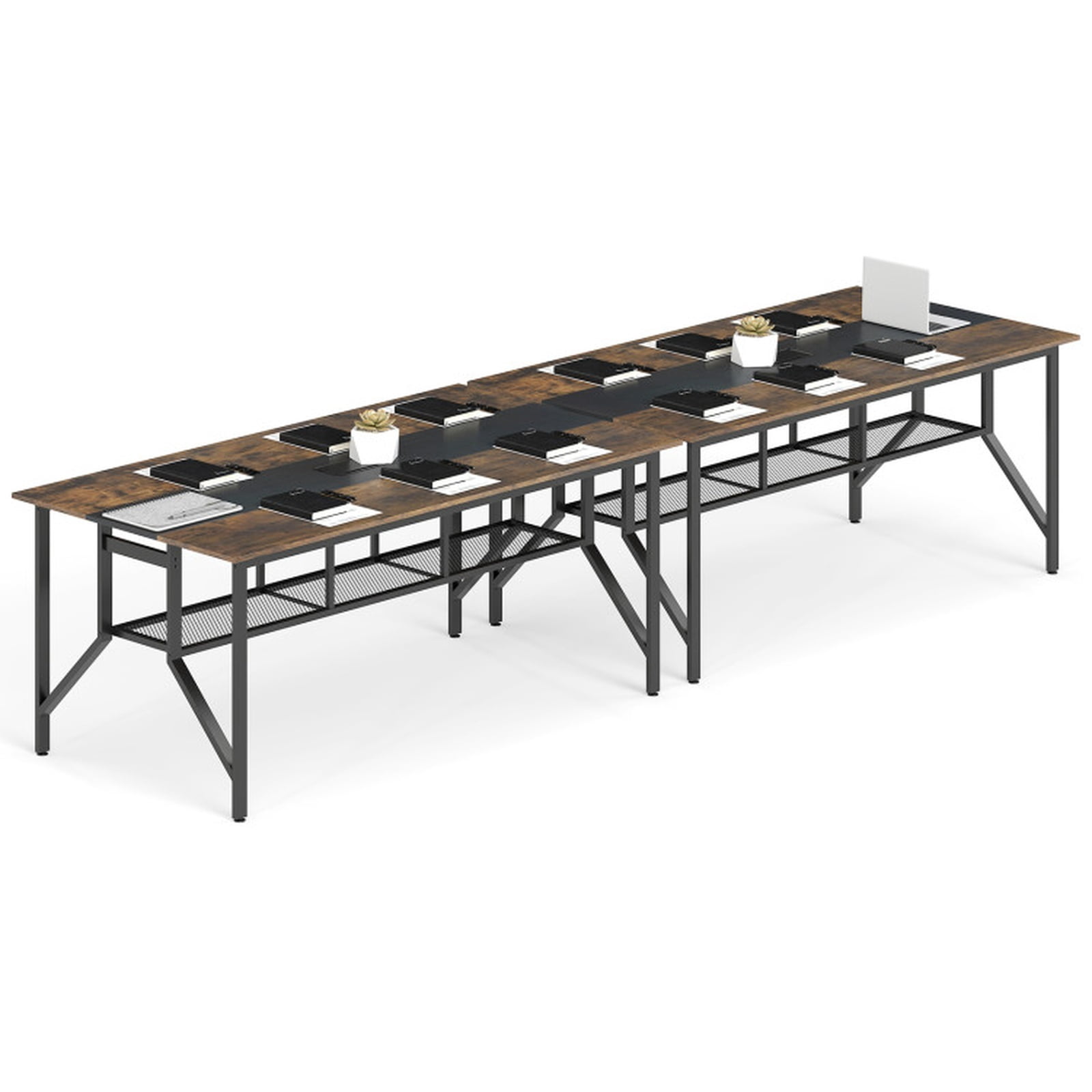 Furnibear Rectangular Conference Meeting Table with Mesh Storage Shelf and Cable Grommet for Office Training Room and Home Desk, Rustic Brown