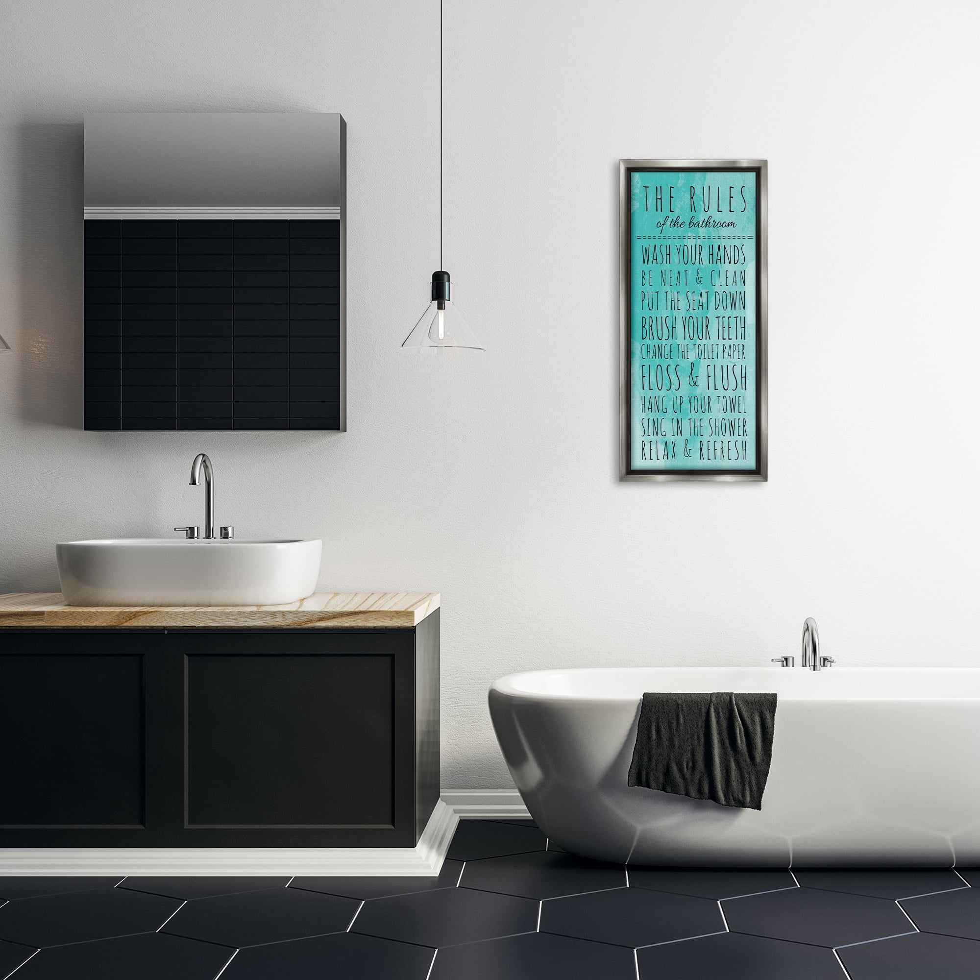 Stupell Industries Bathroom Rules on Turquoise Typography Painting Gray Floater Framed Canvas Art Print Wall Art, 15 x 31