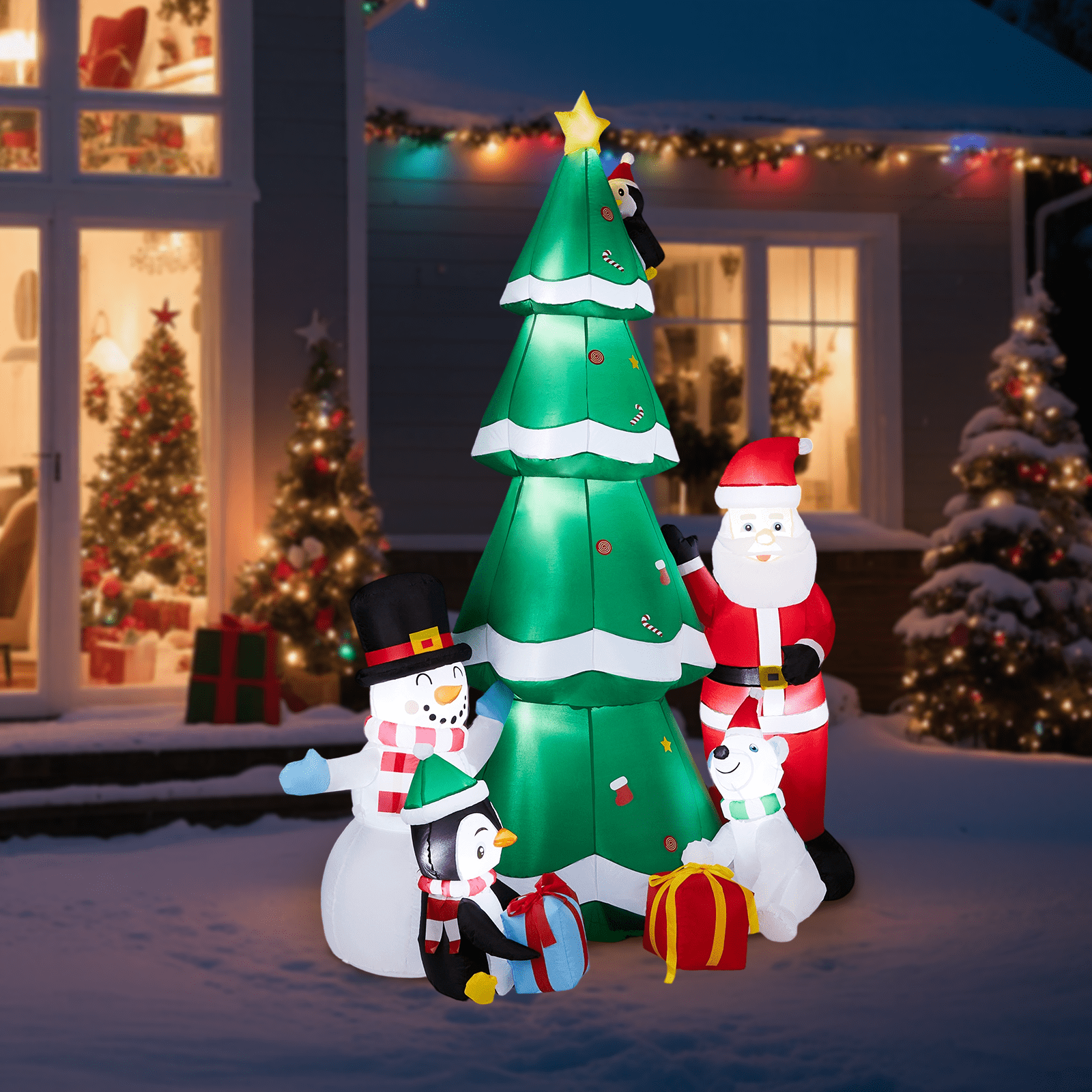 Astoutdoor 7.5 ft Lighted Christmas Inflatable Decoration, Inflatable Christmas Tree with Santa and Snowman, Blow Up Yard Decoration with Built-in LED Lights for Front Yard Lawn Garden Decor