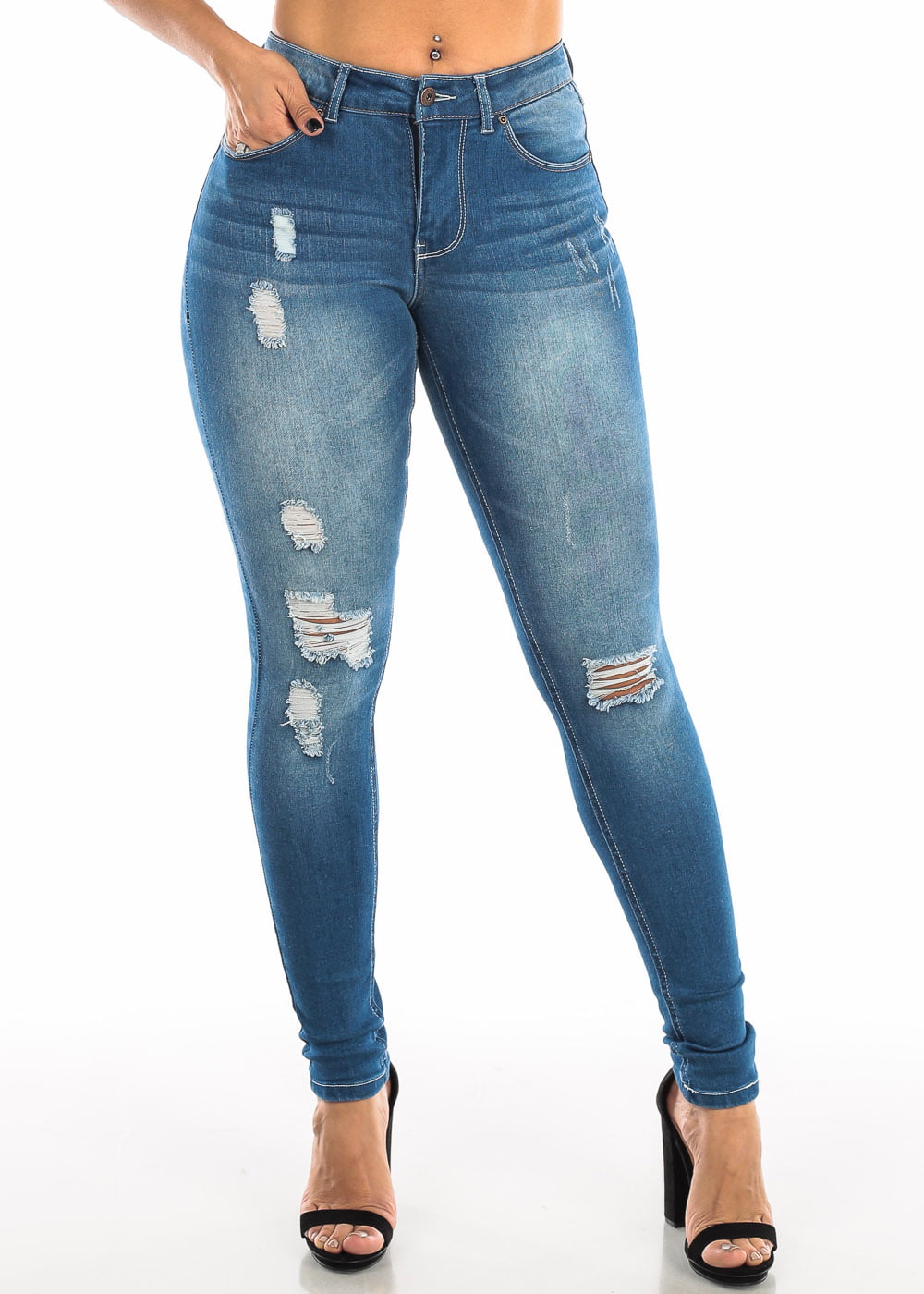 Moda Xpress - Womens Skinny Jeans High Waisted Torn Distressed Ripped ...