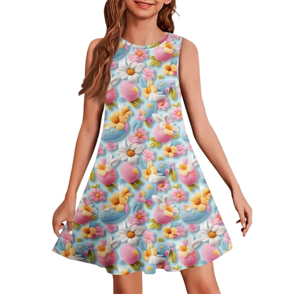 Easter Dresses for Girls Size 4-12 Bunny Print Tween Girls Clothes Spring Kids Crew Neck Cute Party Dress Sleeveless Christian Dress Spring Outfits