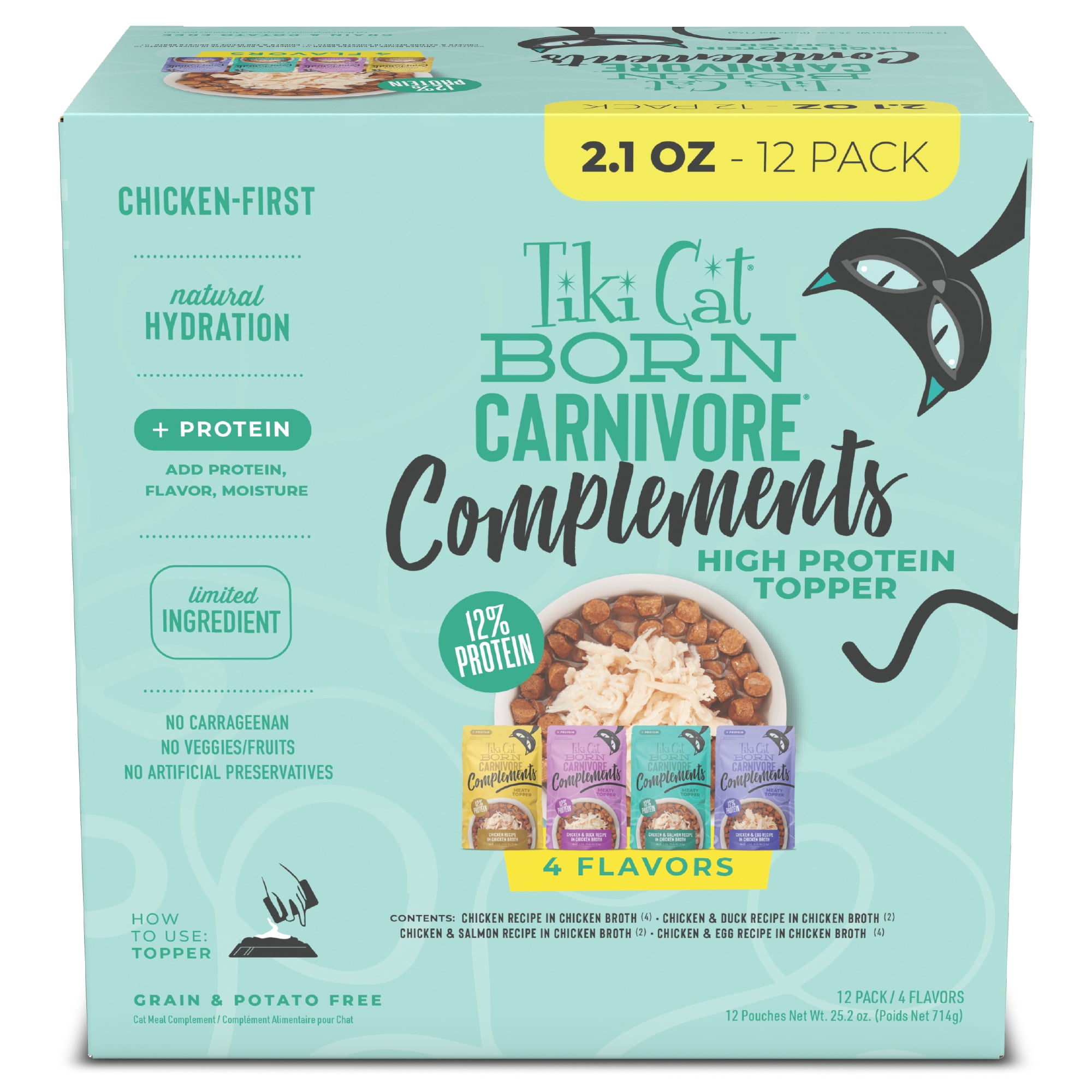 (12 pack) Tiki Cat Born Carnivore Complements Wet Cat Food Topper, Variety Pack 2.1 oz. Pouch (12 Pack)