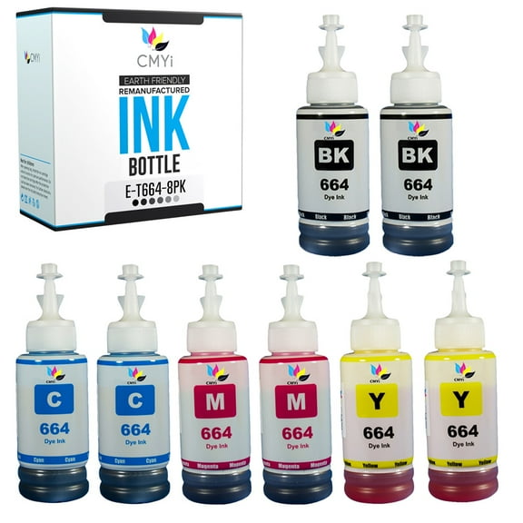 CMYi Combo Pack of 8 Inkjet Printer Ink Bottles Compatible for Epson 664, 2 Black, 2 Cyan, 2 Magenta, 2 Yellow