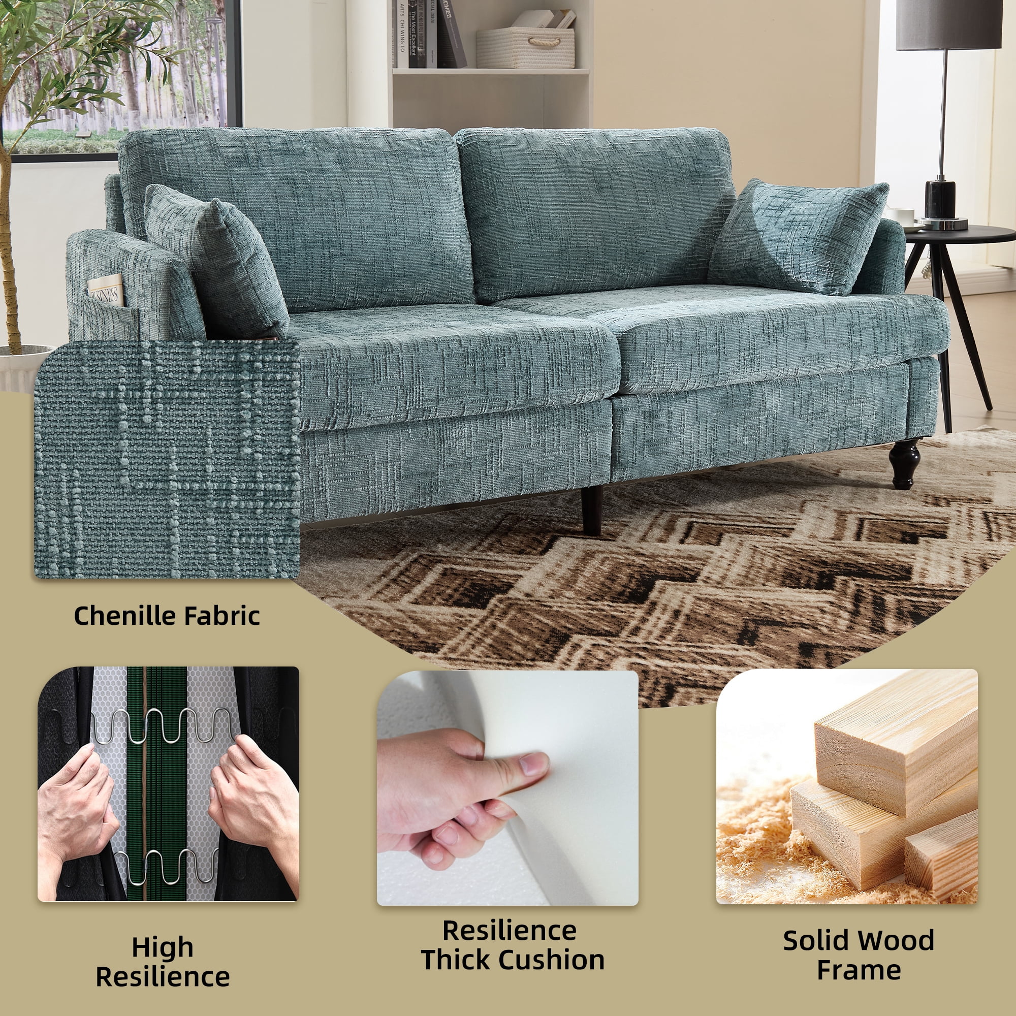 MOONMISS Chenille Upholstered Mid Century Modern Wood Frame Loveseats Sofa with LED light,USB and Side Pocket-Lake Blue