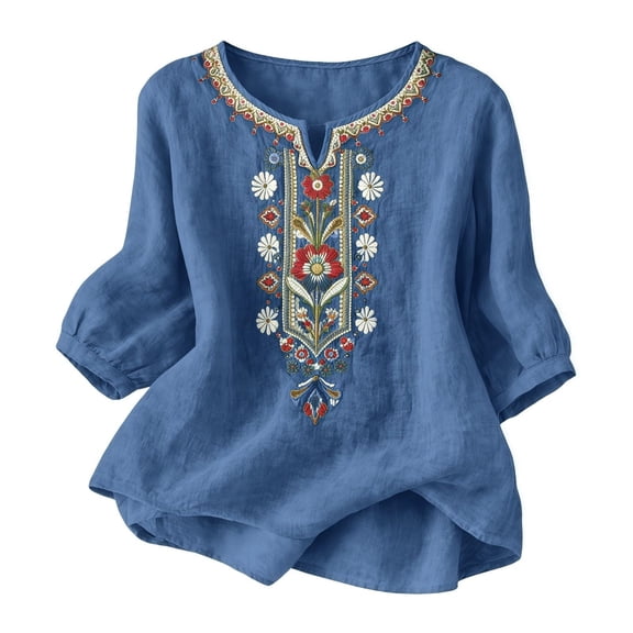 QQZ Boho Linen Tops for Women 3/4 Sleeve V Neck Breathable Embroidered Top Flowy Floral Shirts Loose Dressy Casual Blouses