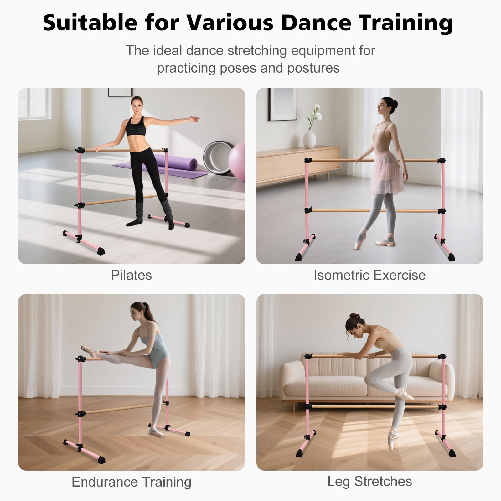 Solid Wood Ballet Barre 6FT with Adjustable Height 6.7-46 Inches, Professional Dance Practice Barre with Rotatable Base for Home, Studio, Adjustable, Pink