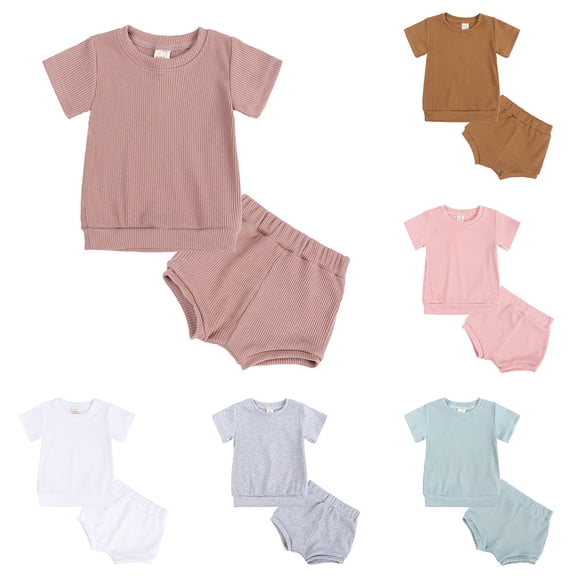 HVOBTTY Kid's Soft Sport Outdoor Sets, Toddler Summer Outfit Sets, Girls Casual Solid Color Ribbed Round Neck Short Sleeve Top and Short Pants 2 Piece Outfits Sets Yellow, 6-9 Months