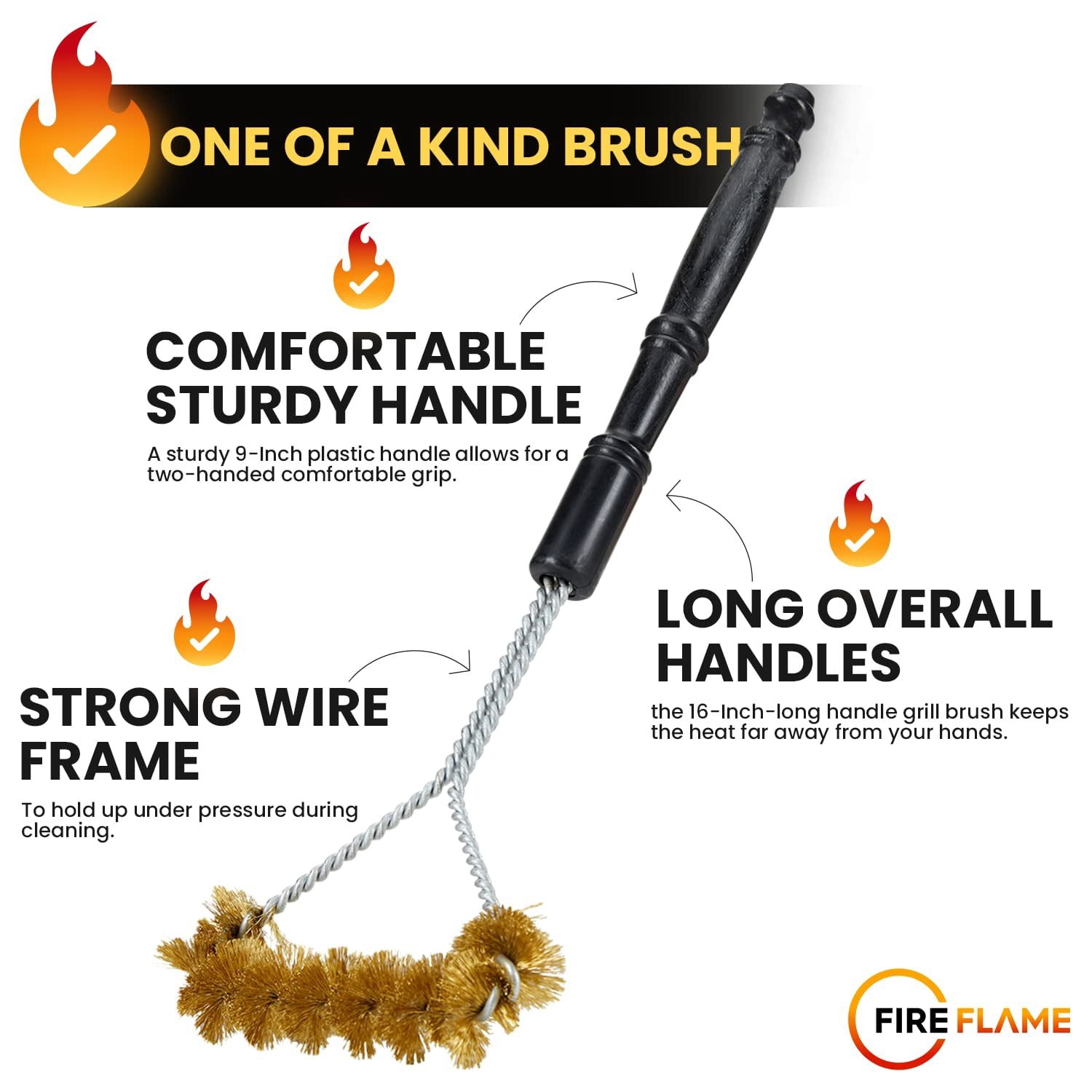 Fireflame BBQ Grill Brush  Non-Scratch Brass Bristles - 16-Inch Long Handle Barbecue Grill Cleaning Brush - Wide-Faced Spiral Heavy-Duty  Made in The USA