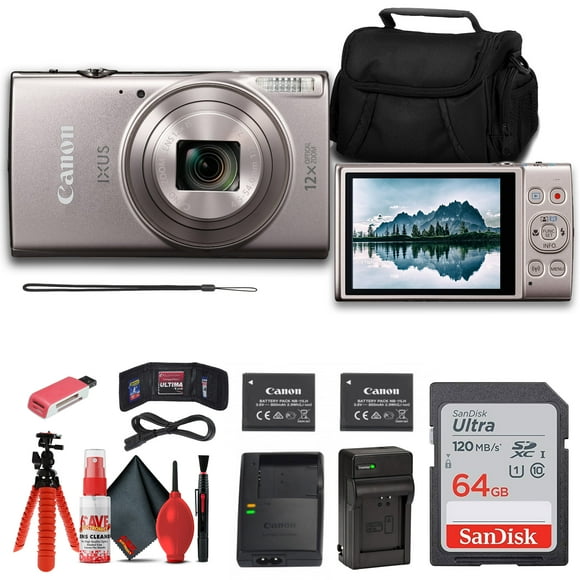 Canon PowerShot IXUS 285 HS Digital Camera, 20.2MP, 12x Optical Zoom, Wi-Fi, Silver Bundle with 64GB Card & Accessories (International Model)