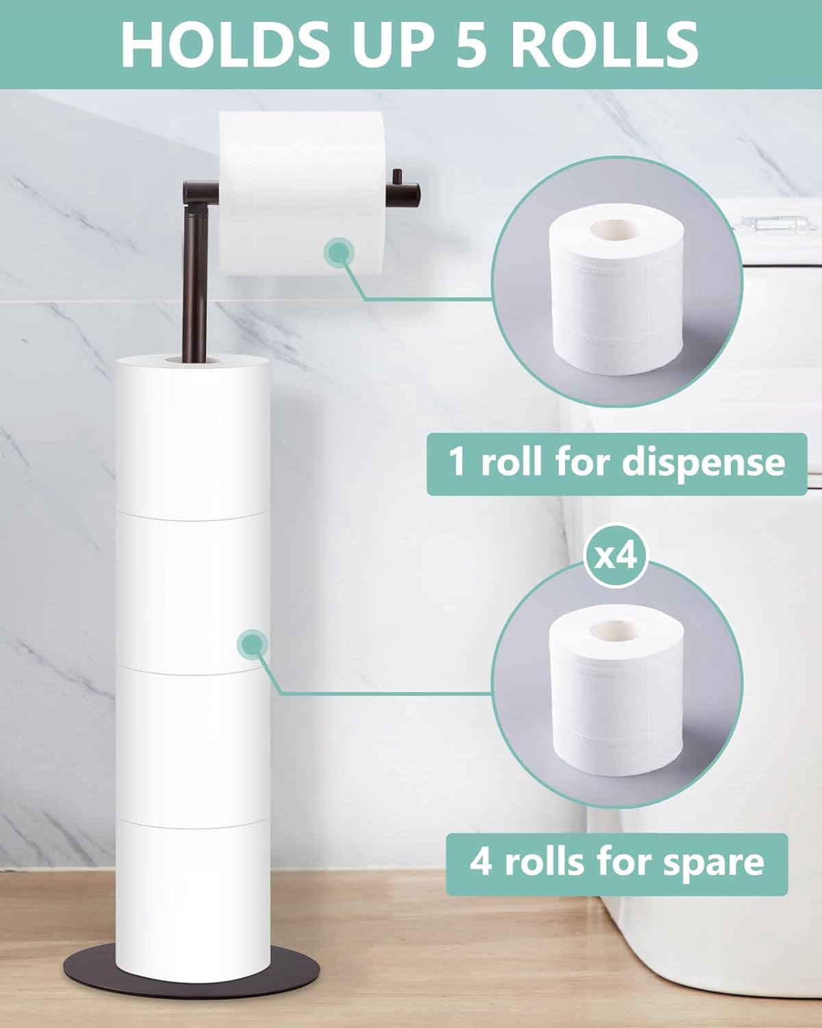 Toilet Paper Holder Stand, Free Standing Roll for 4 Spare Rolls, Modern Bathroom Stand with Reserve, Oil Rubbed Bronze,