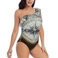 thumbnail image 3 of Sikiie Magnetic Old Compass On World Map Print Women One Piece Swimsuits Tummy Control One Shoulder Bathing Suits Ruffle Swimwear, From S to XXL-XX-Large, 3 of 6