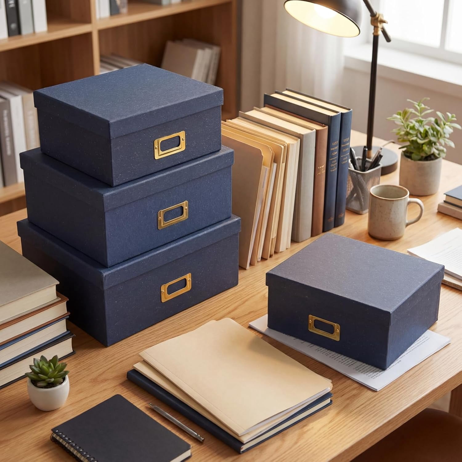Decorative Storage Boxes with Lids, Kraft Paper Boxes with Gold Label Holders, Photo Memory Keepsakes Storage, Cardboard Organizers for Home Decor, Office Organizing (Blue)