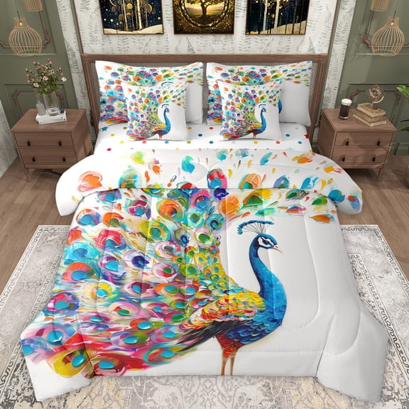 Manfei Watercolor Oil Painting 7-Piece Twin Bedding Sets,Kawaii Peacock Bedding Comforter Set,Cute Zoo Animal Sheet Sets For Girl Teens,Ultra Soft Home Decor Reversible