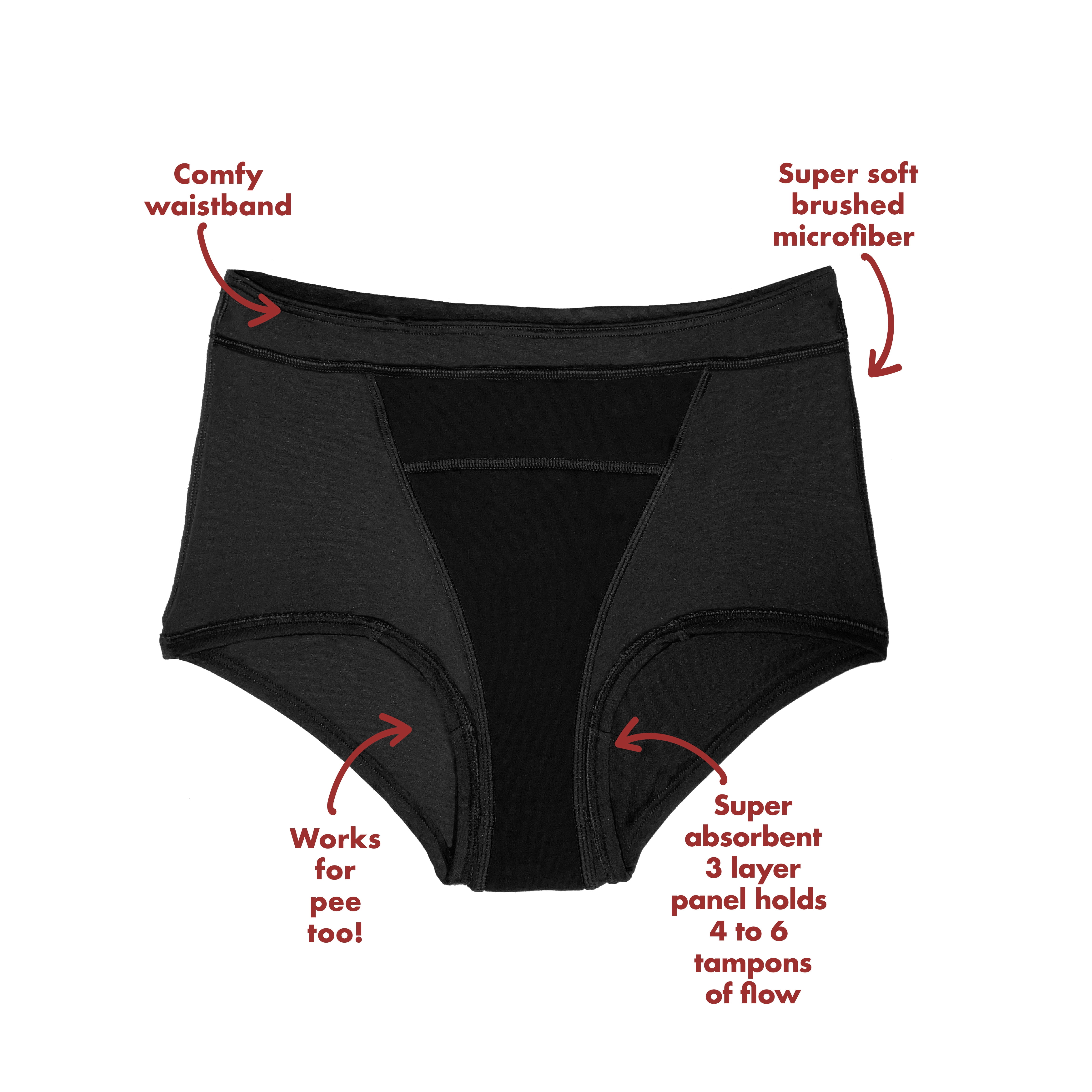 The Period Company. Microfiber Boyshort, Period Underwear for Medium Flows, Black