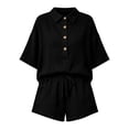 thumbnail image 7 of Shadoumai Linen Sets For Women 2 Piece 2026 Summer Casual V Neck Button Short Sleeve Beach Vacation Outfits Oversized Suits, 7 of 7