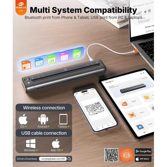 Portable Wireless Inkless Thermal Printer for Travel, Compatible with Android iOS Windows for Office Home