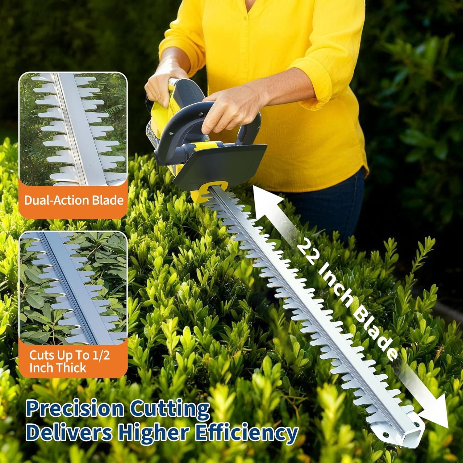 Garvee Cordless Hedge Trimmer, 20V Electric Handheld Hedge Cutter with 2x2.0Ah Battery and Charger for Gardening, Lawns, Yellow/Black
