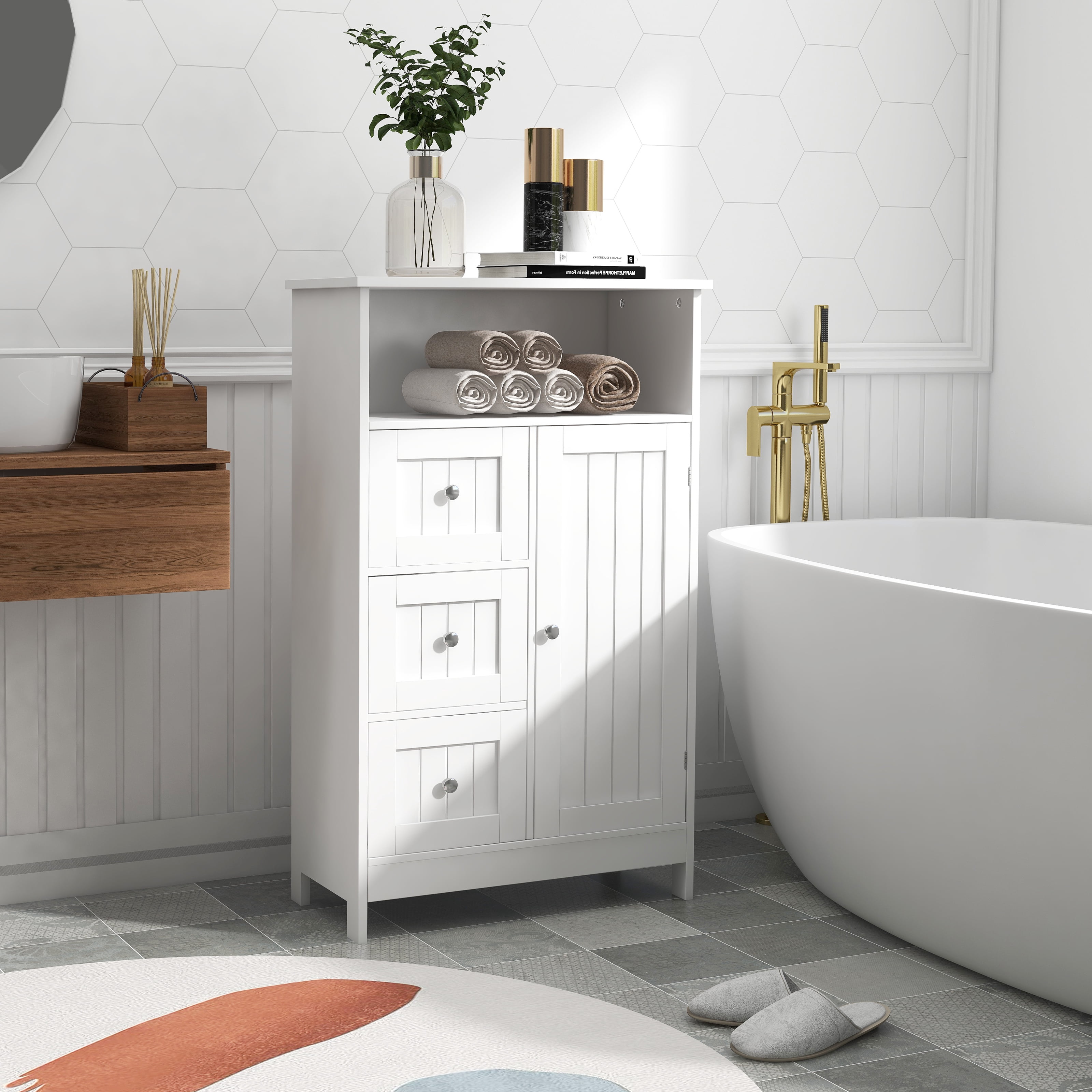 DEALTOPS Bathroom Storage Cabinet with 3 Drawers, 1 Door and 1 Open Space -White