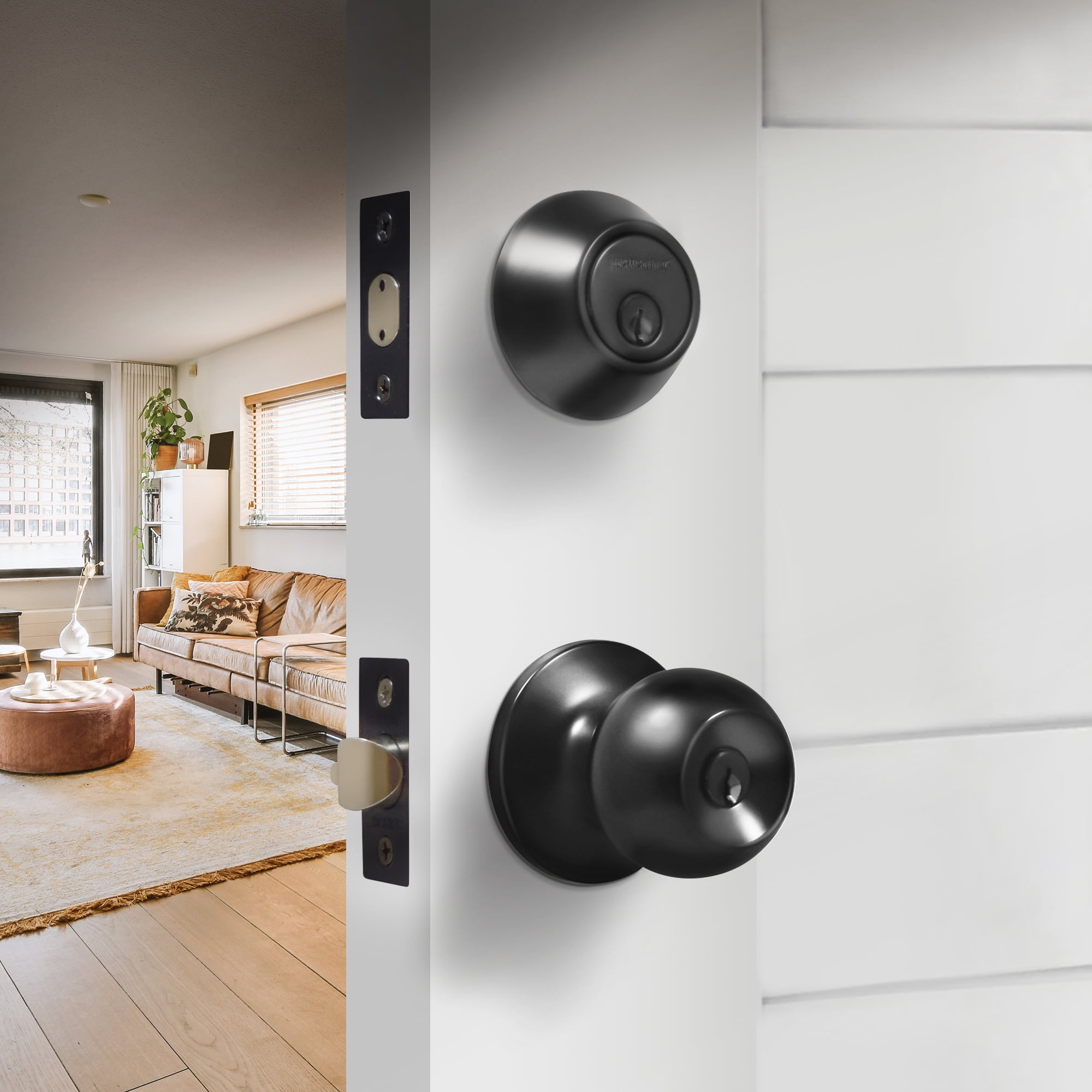 Black Entry Lock Set Door Knob & Deadbolt Keyed Alike SC1 Keyway. 6 Total Keys, Keyed Alike