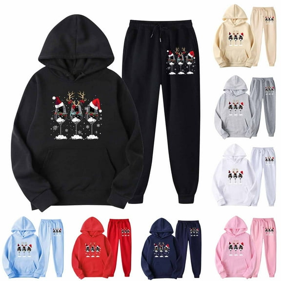 Brondbend Women Sweatsuits 2 Piece Set Hoodie Womens Long Sleeved Pocket Drawstring Pullover Printed Elastic Waist Jogger Outfits Stylish Loose Tracksuits Vacation Fall Winter Sets Black