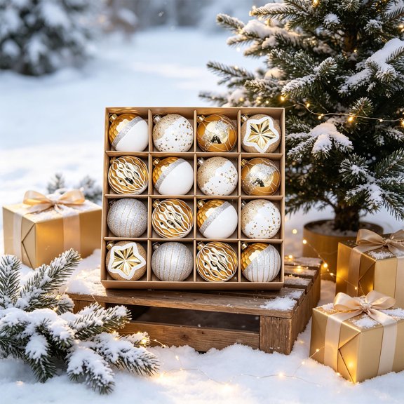 Eolstice 16 Pcs White Hanging Balls, Shatterproof Plastic Baubles, Christmas Tree Ornament Pendants, Home Party Holiday Decor, Gift Box Pack