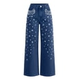 thumbnail image 4 of LWavelet Women High Waisted Wide Leg Jeans Sparkle Rhinestone Embellished Denim Pants Glitter Party Wide Leg Trousers Dark Blue M, 4 of 4