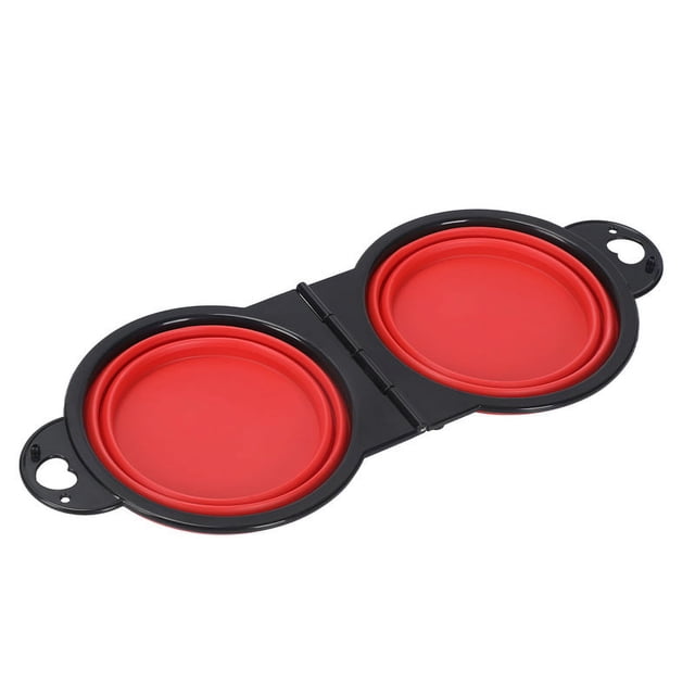 Cuencos portátiles de viaje para perros de doble cena, cuencos plegables combinados para comida y agua para perros (rojo, amarillo, verde y rosa)
