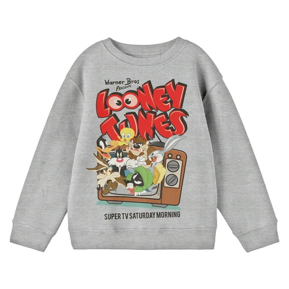 Looney Tunes Vintage Super TV Saturday Morning Crew Neck Long Sleeve Athletic Heather Boy's Sweatshirt-XS