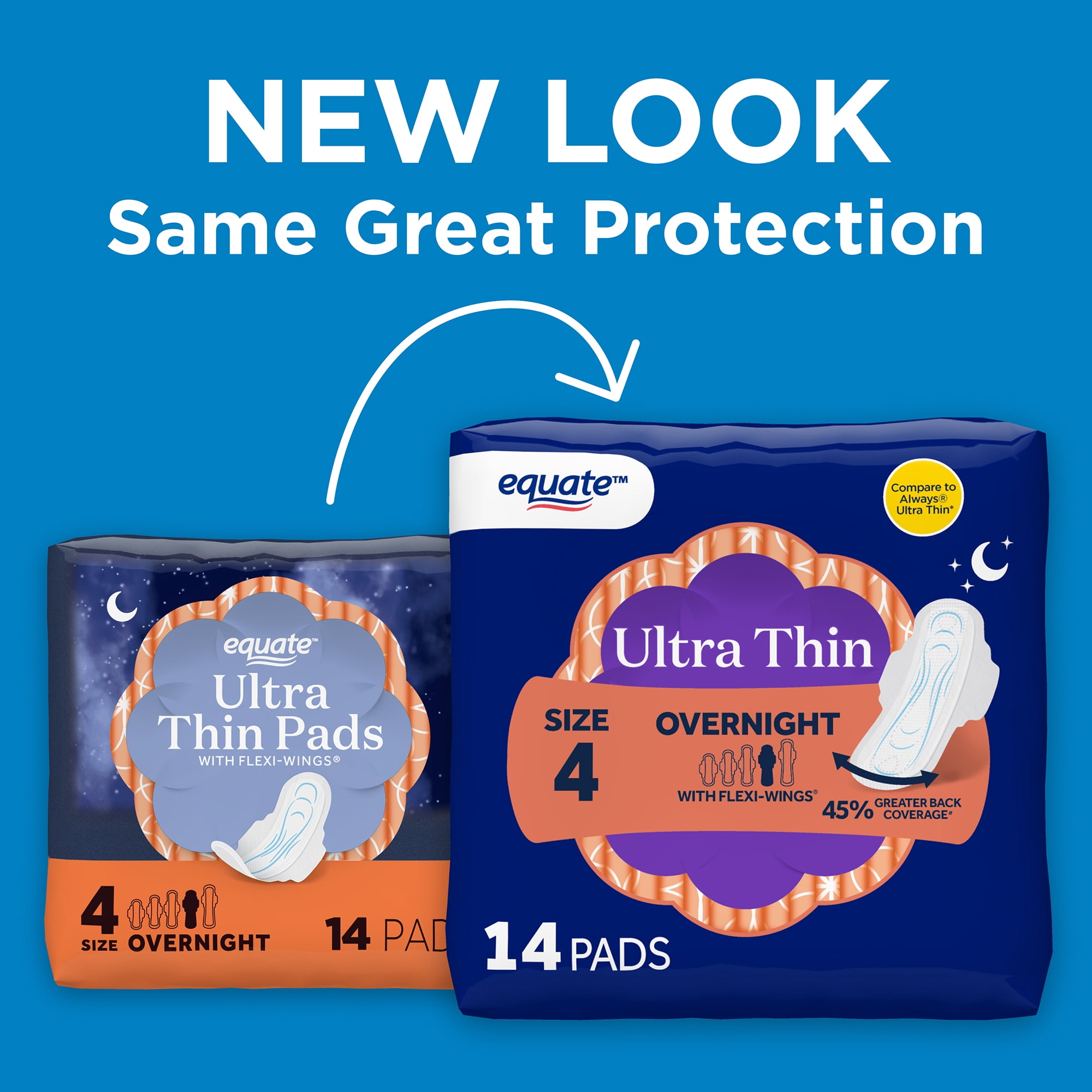 Equate Ultra Thin Pads with Flexi-Wings, Overnight Absorbency, Size 4, 14 Count