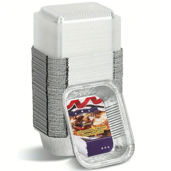 60 PACK 1 Lb Small Aluminum Foil Pans With Clear Lids , Disposable Cookware, Takeout Trays, Food Containers For Restaurants & Catering