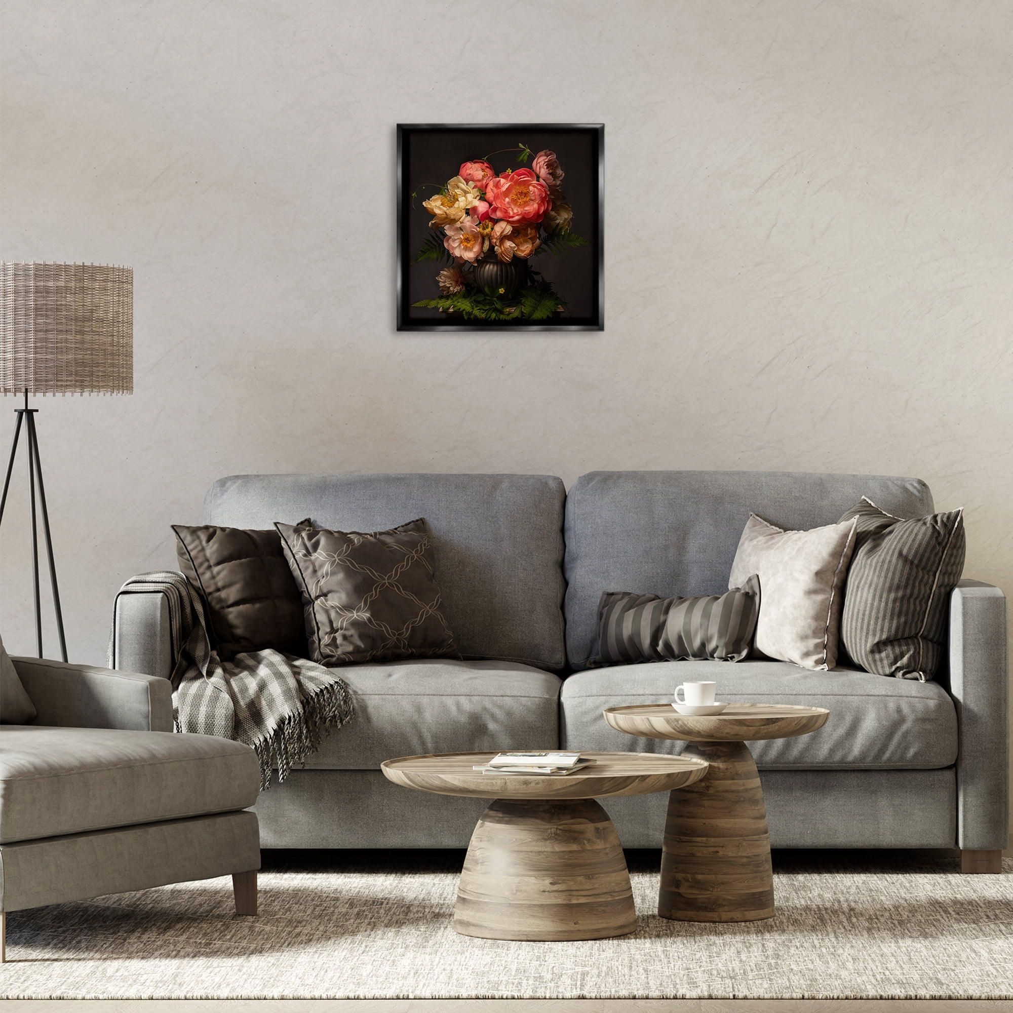 Stupell Industries Peonies & Ferns Bouquet Plants & Flowers Photography Black Floater Framed Canvas Art Print Wall Art, 18 x 18