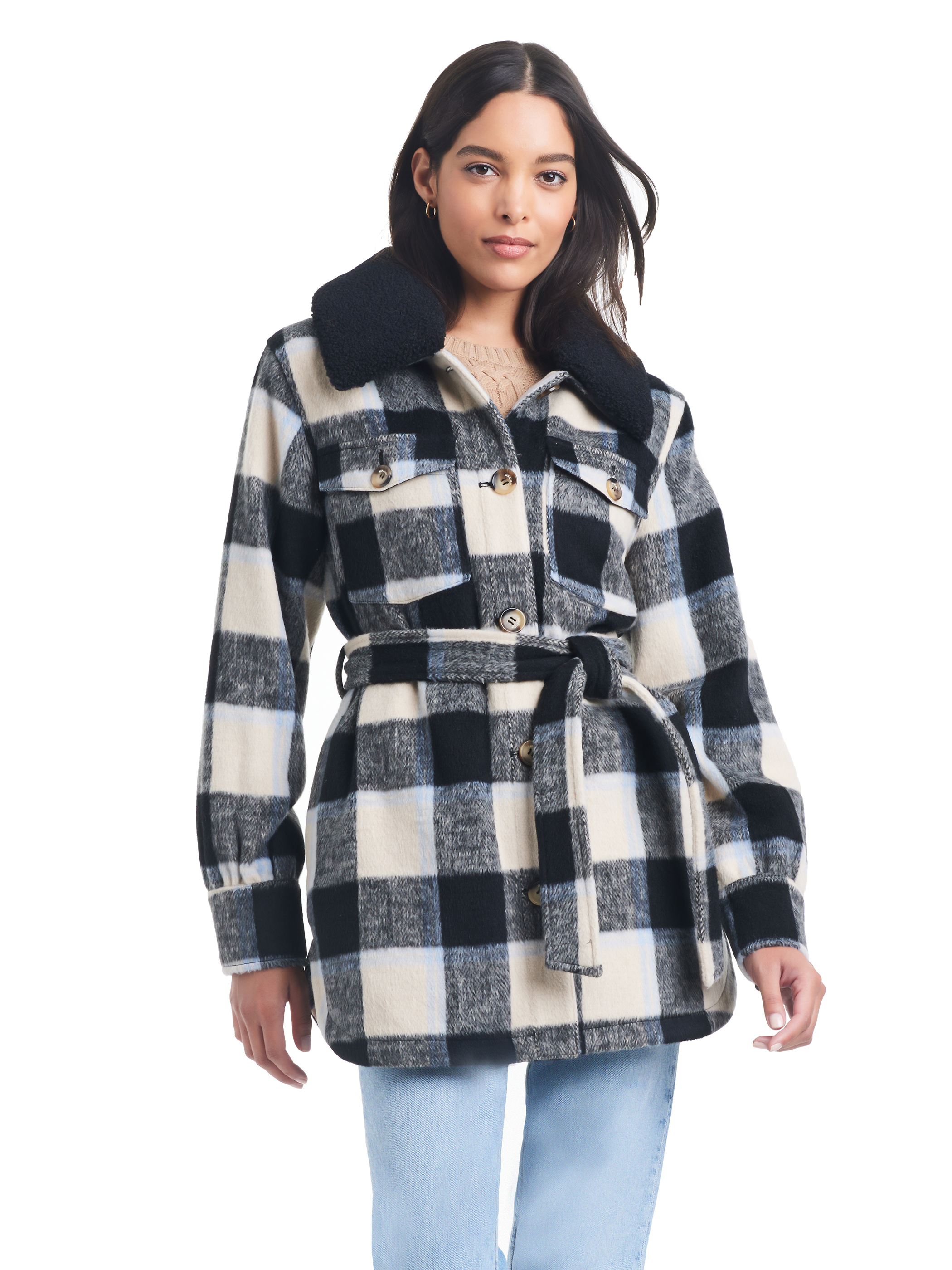 Sam & Libby Ladies Long Sleeve Faux Wool Plaid Shacket
