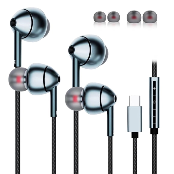 Auriculares Con Cable Usb-C Con Micrófono, Control De Volumen, Cancelación De Ruido, Compatibles Con Teléfonos Samsung Galaxy S24 S23 S22 Iphone De 15 Píxeles (Paquete De 2), Color Gris