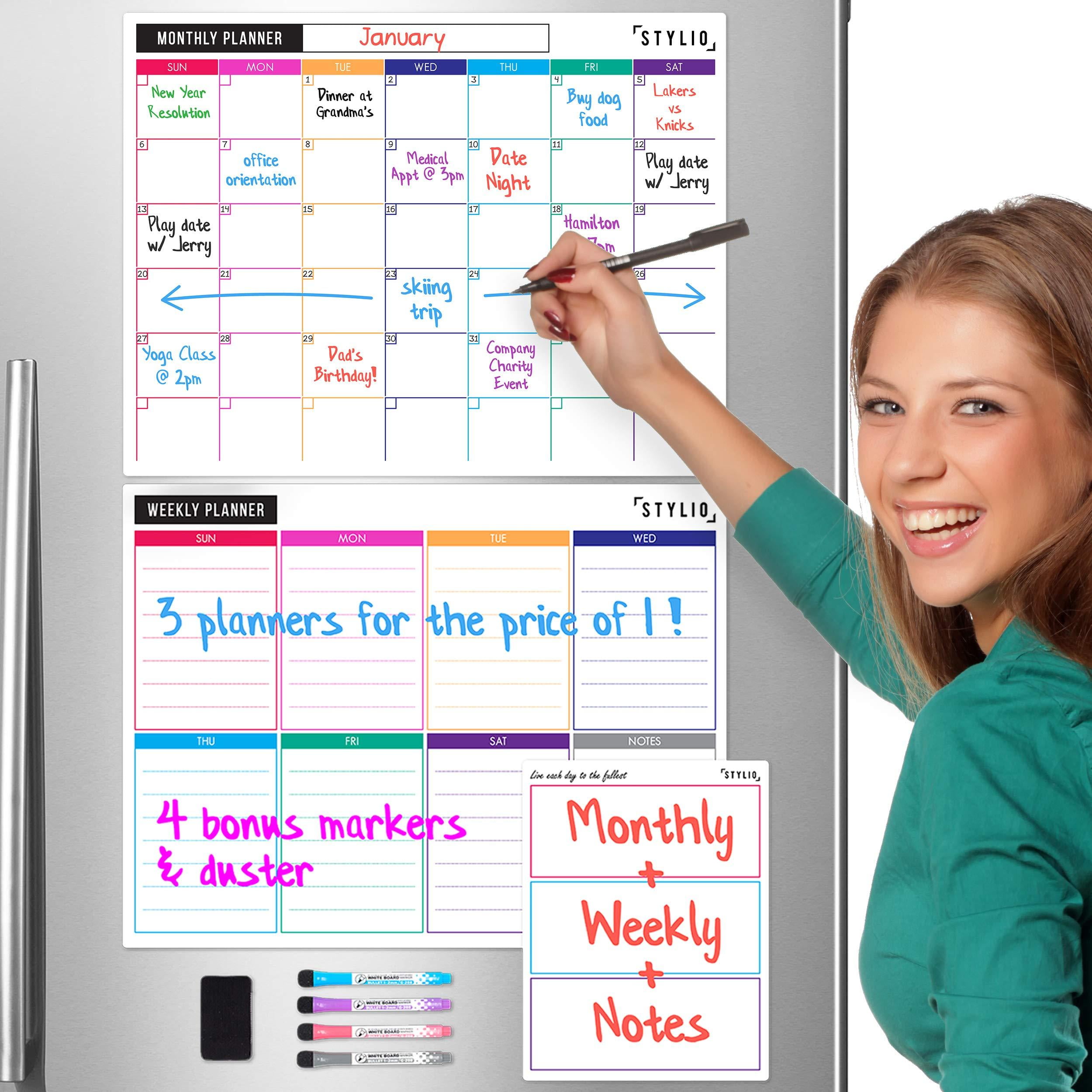 STYLIO Dry Erase Calendar Whiteboard. Set of 3 Magnetic Calendars for