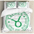 thumbnail image 1 of Zodiac Taurus Queen Size Duvet Cover Set, Grunge Looking Graphic Rubber Stamp Design Vintage Stars and Sign, Decorative 3 Piece Bedding Set with 2 Pillow Shams, Fern Green and White, by Ambesonne, 1 of 3