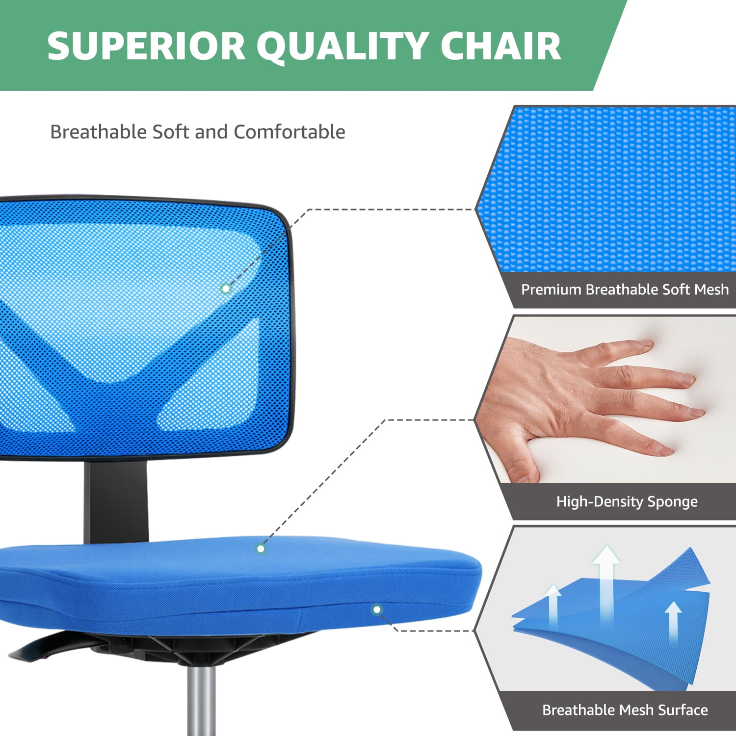 JOINSUN Armless Desk Mesh Office Chair, Adjustable Height Ergonomic Low Back Vanity Task Desk Chair with Wheels, Blue