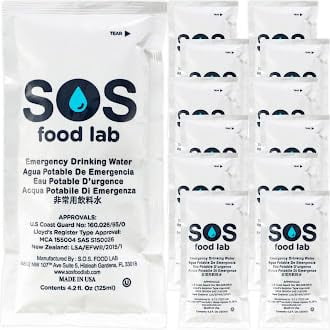 SOS Food Lab Emergency Water Pouches (12 Count, 4.2 Fl Oz Each) - Triple Purified, UV Sterilized Filtered Drinking Water for Disaster Preparedness & Survival Kits - 5 Year Shelf Life
