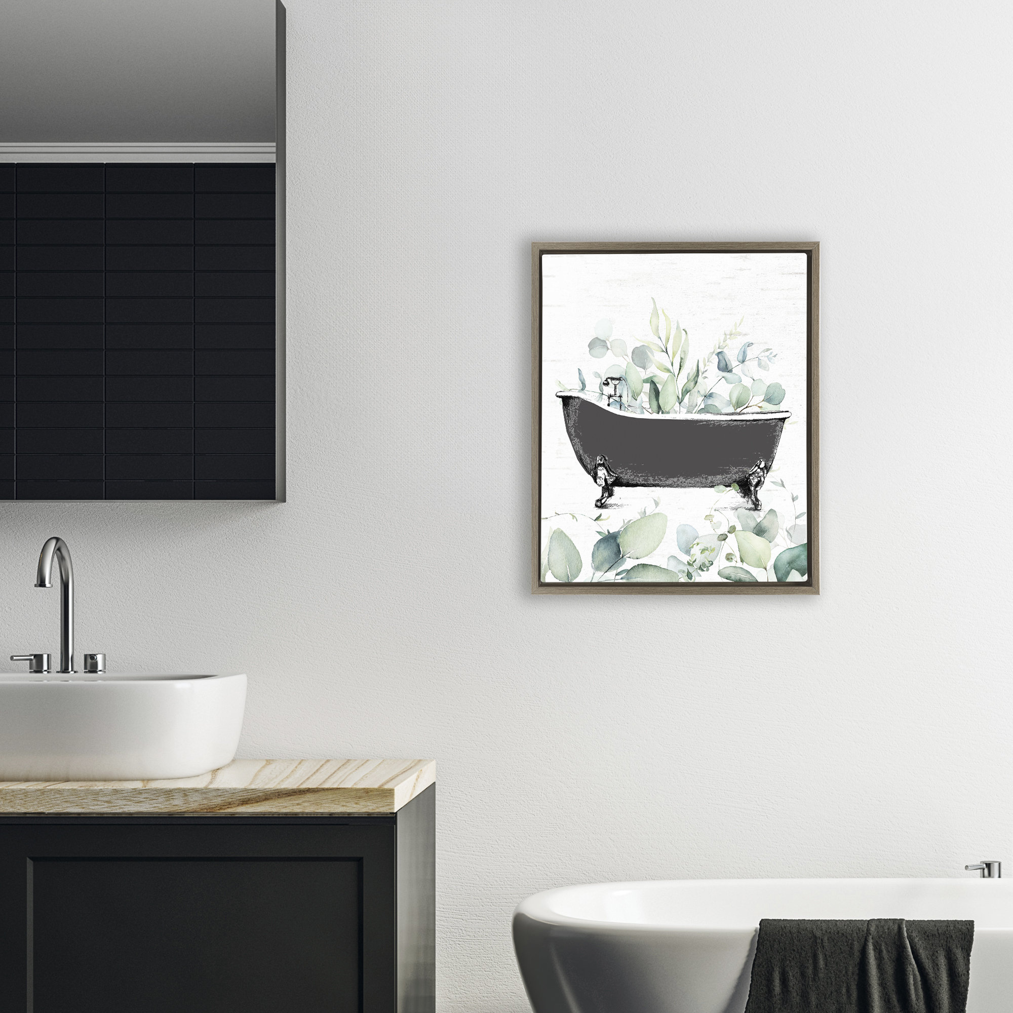 Eucalyptus Leaves Bathtub Brown Framed Floater Canvas Wall Art, design by Lettered and Lined
