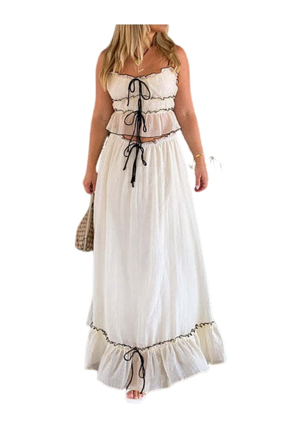 Women'S Skirt Sets 2 Piece Outfits Contrast Trim Ruffle Hem Tops and Maxi Skirt Vacation Set Color S