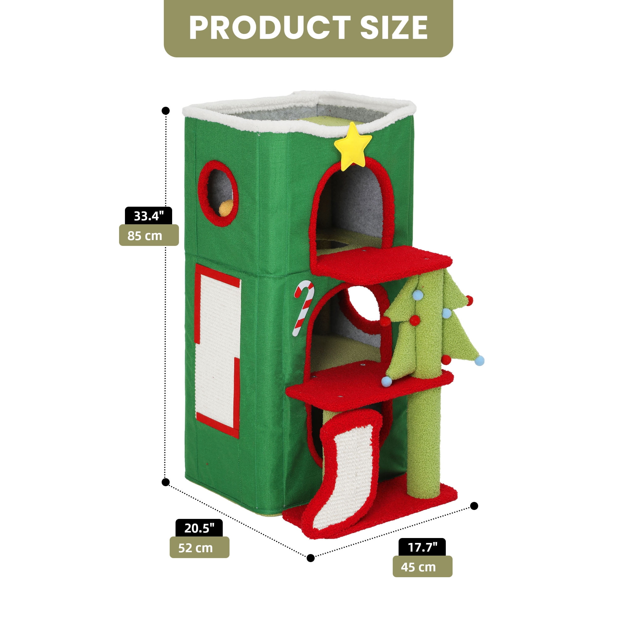 Uforic 3-Level Christmas Cat House, Indoor Cat Play House with Scratching Posts & Hideaway Cave& Hanging Plush Balls, Green